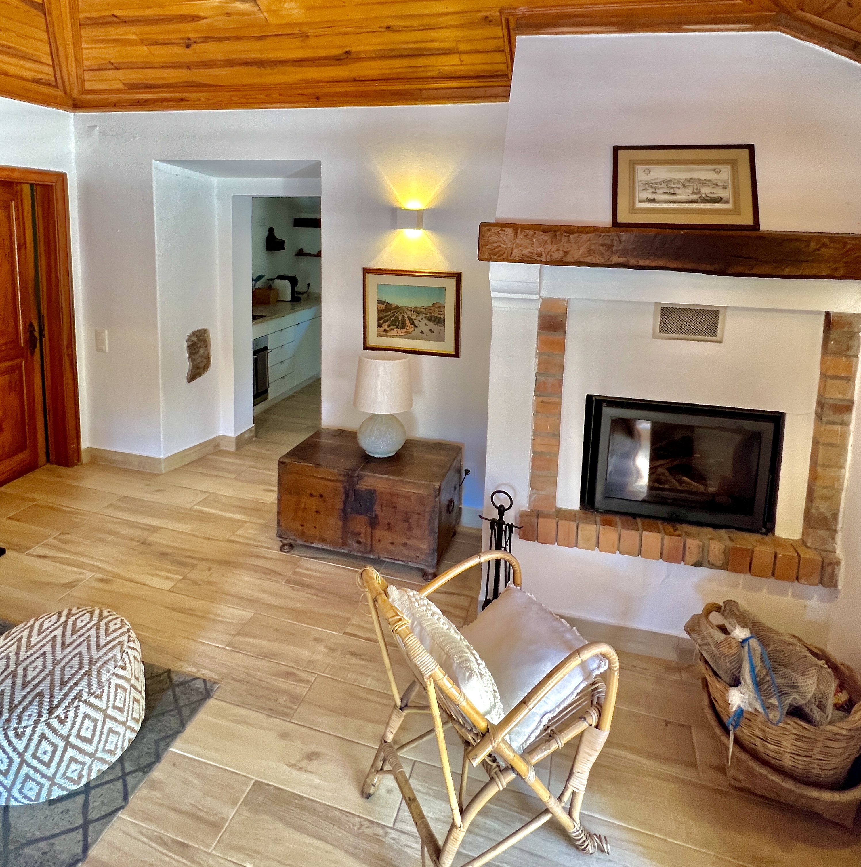 Pine Tree House living room with fireplace