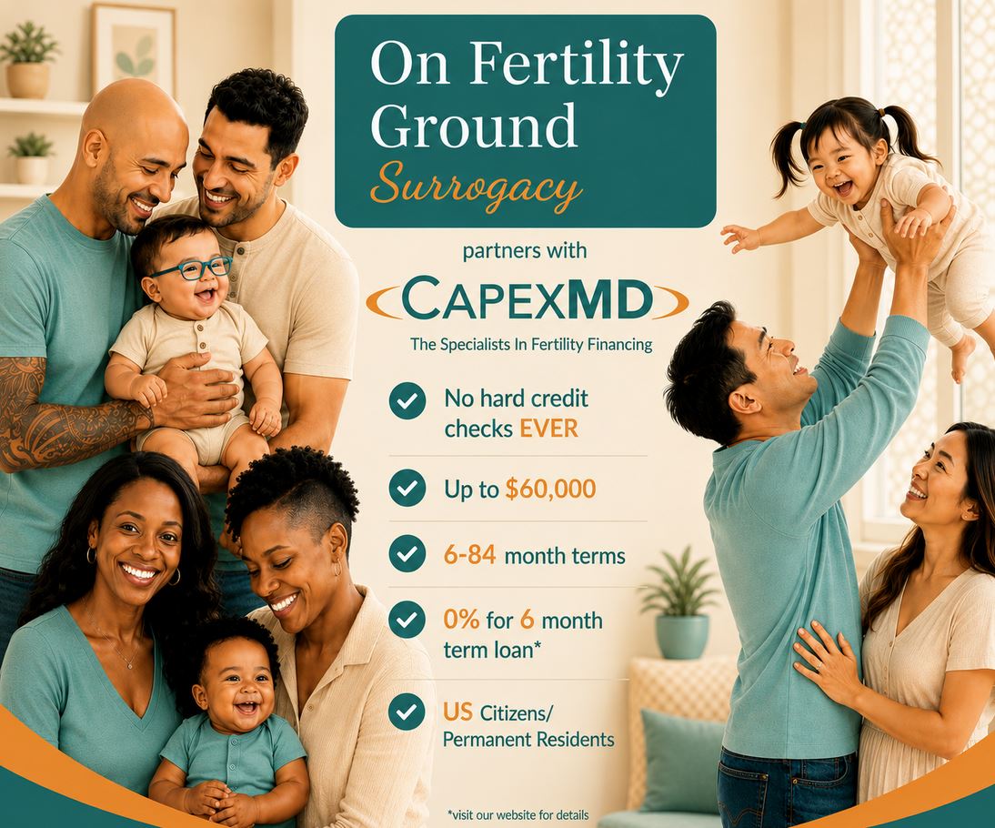 On Fertility Ground Surrogacy partners with CapexMD — specialists in fertility financing. No hard credit checks, up to $60,000, 6–84 month terms, 0% intro 6-month term loan, US citizens / permanent residents.