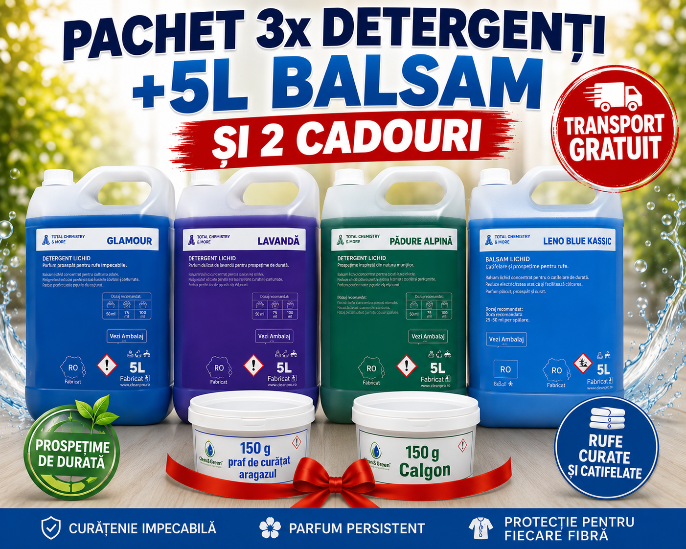 Pachet 3×5L Detergenți + 5L Balsam + 2 CADOURI