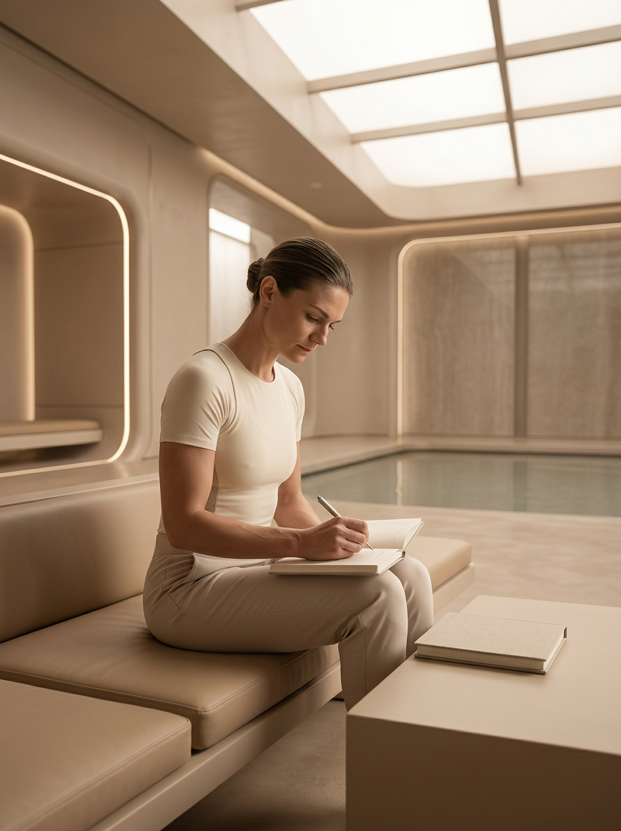A member sitting calmly with a journal at the close of a session