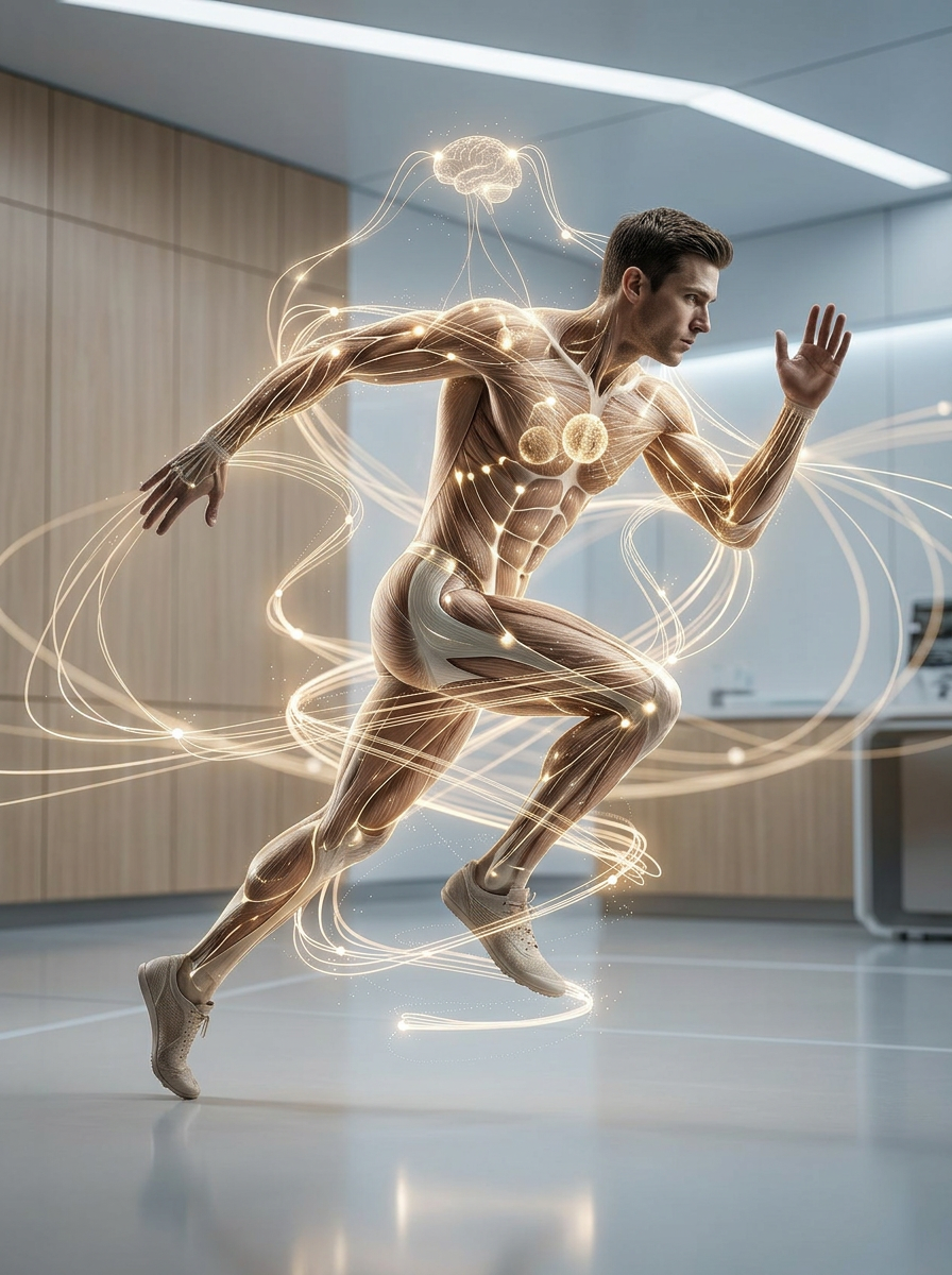 Athlete in motion with the body's energy pathways and brain illuminated — the calm, alert, focused state Peak State trains