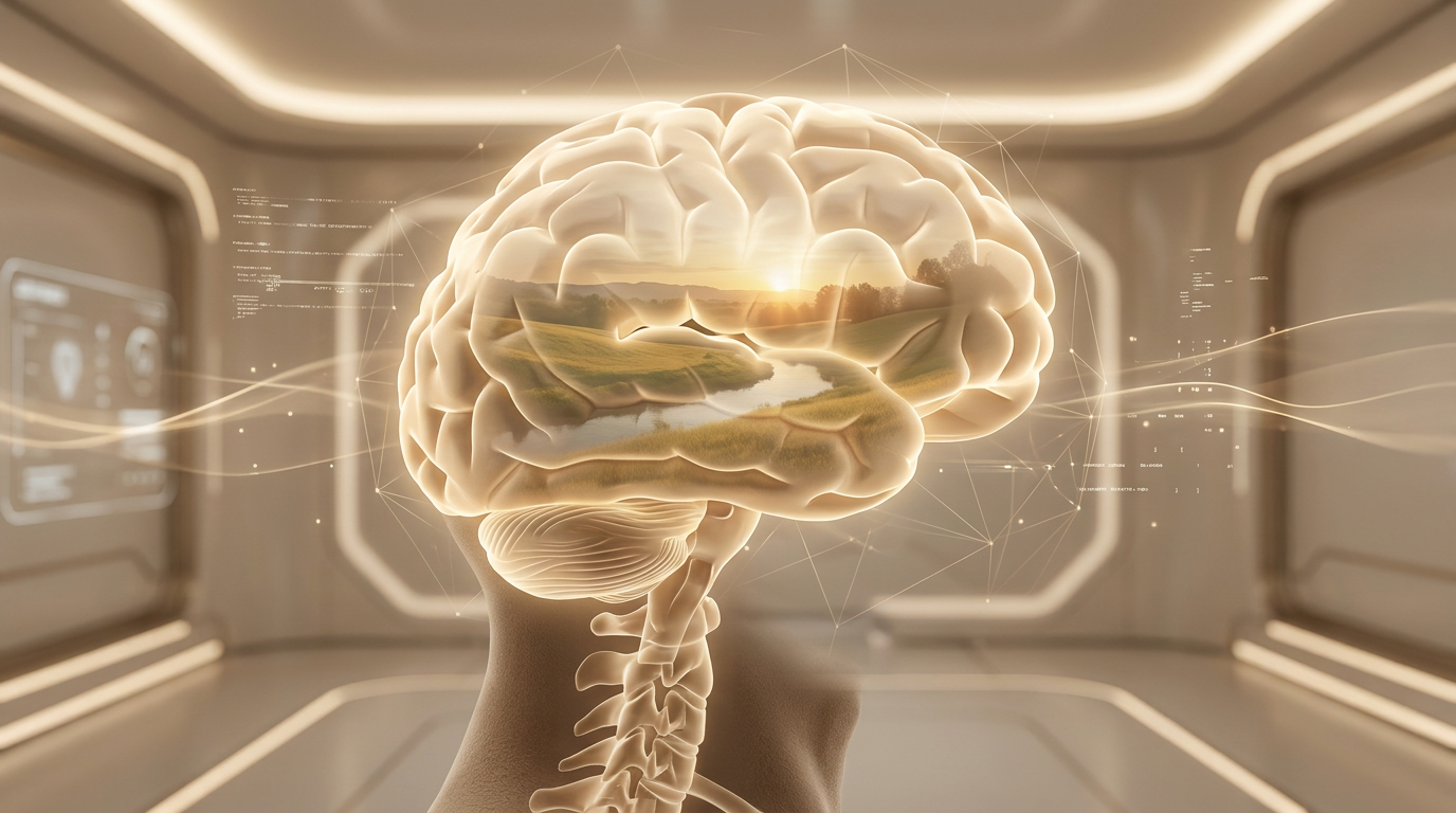 A safe place visualized inside the mind — landscape held in the brain