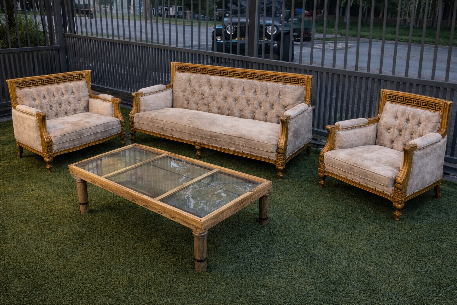 SET SOFA JATI VERSACE 3+2+1+1 + MEJA KOPI KACA - FREE KUSYEN BARU
