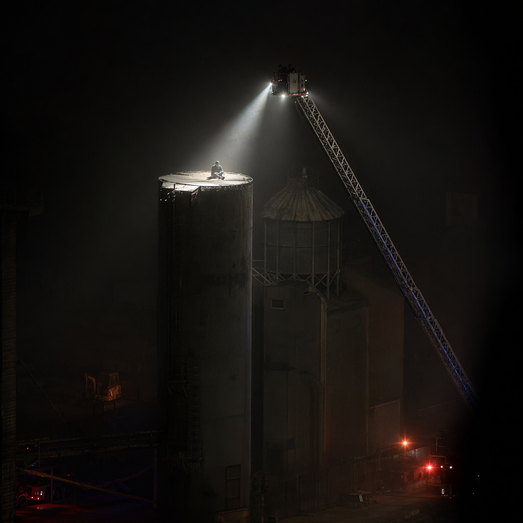 WorkSafeAgent founder Sean Rawlins sitting atop a 70-foot industrial silo at night, awaiting fire department ladder-truck rescue.