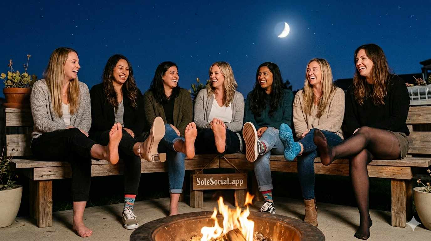 SoleSocial founding members gathered around a fire at night under a crescent moon