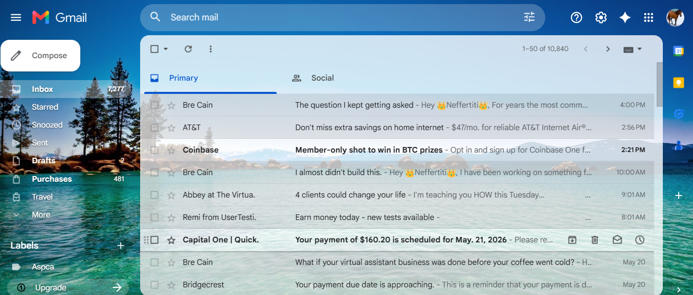 Gmail inbox with 10,840 emails