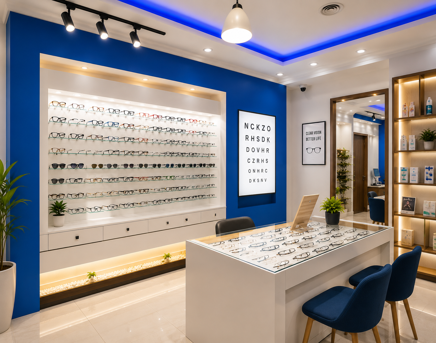 Premium optical retail floor — full eyewear wall with hundreds of curated frames
