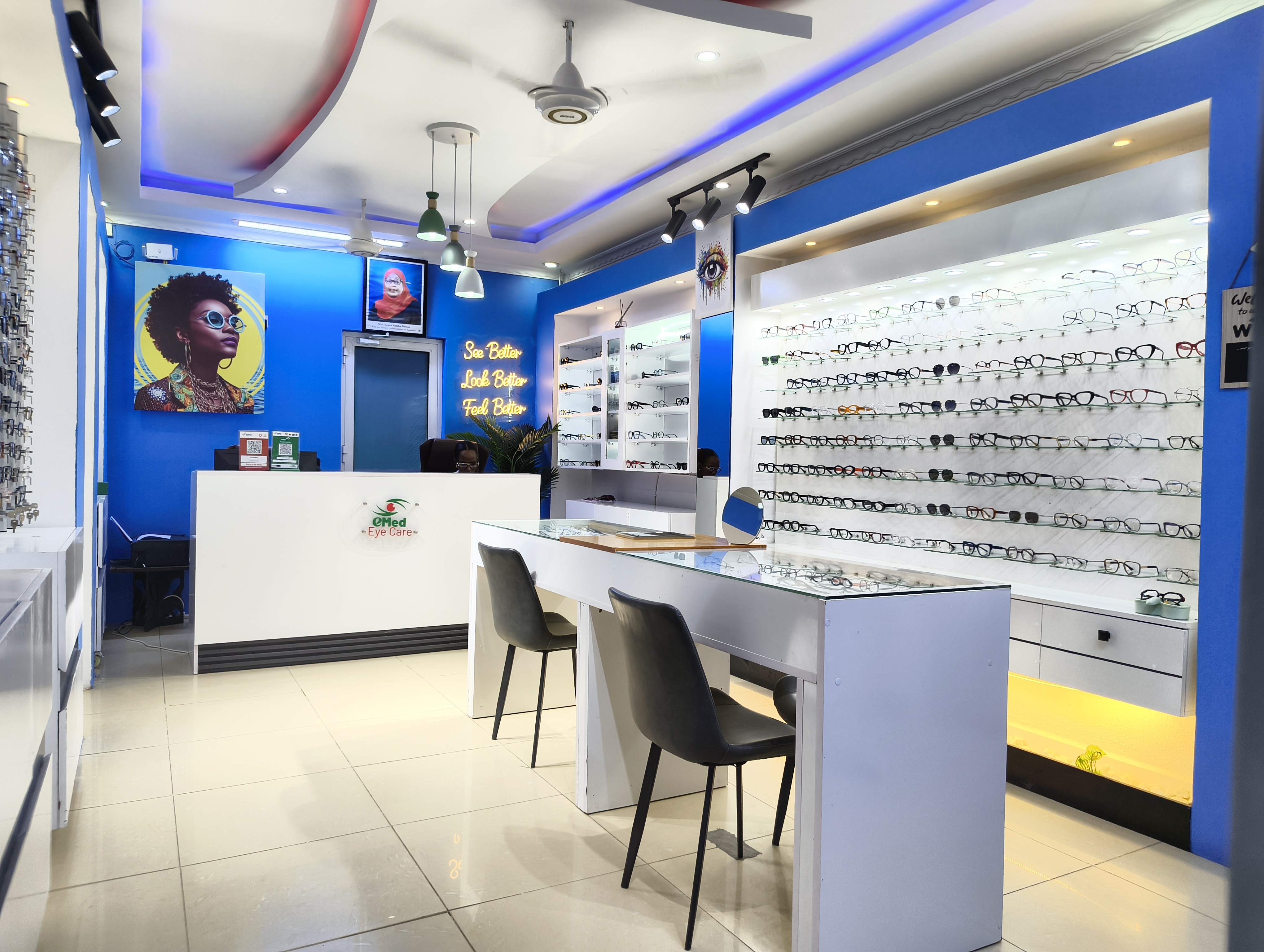 Inside eMed Eyecare clinic — optical retail floor with curated eyewear wall