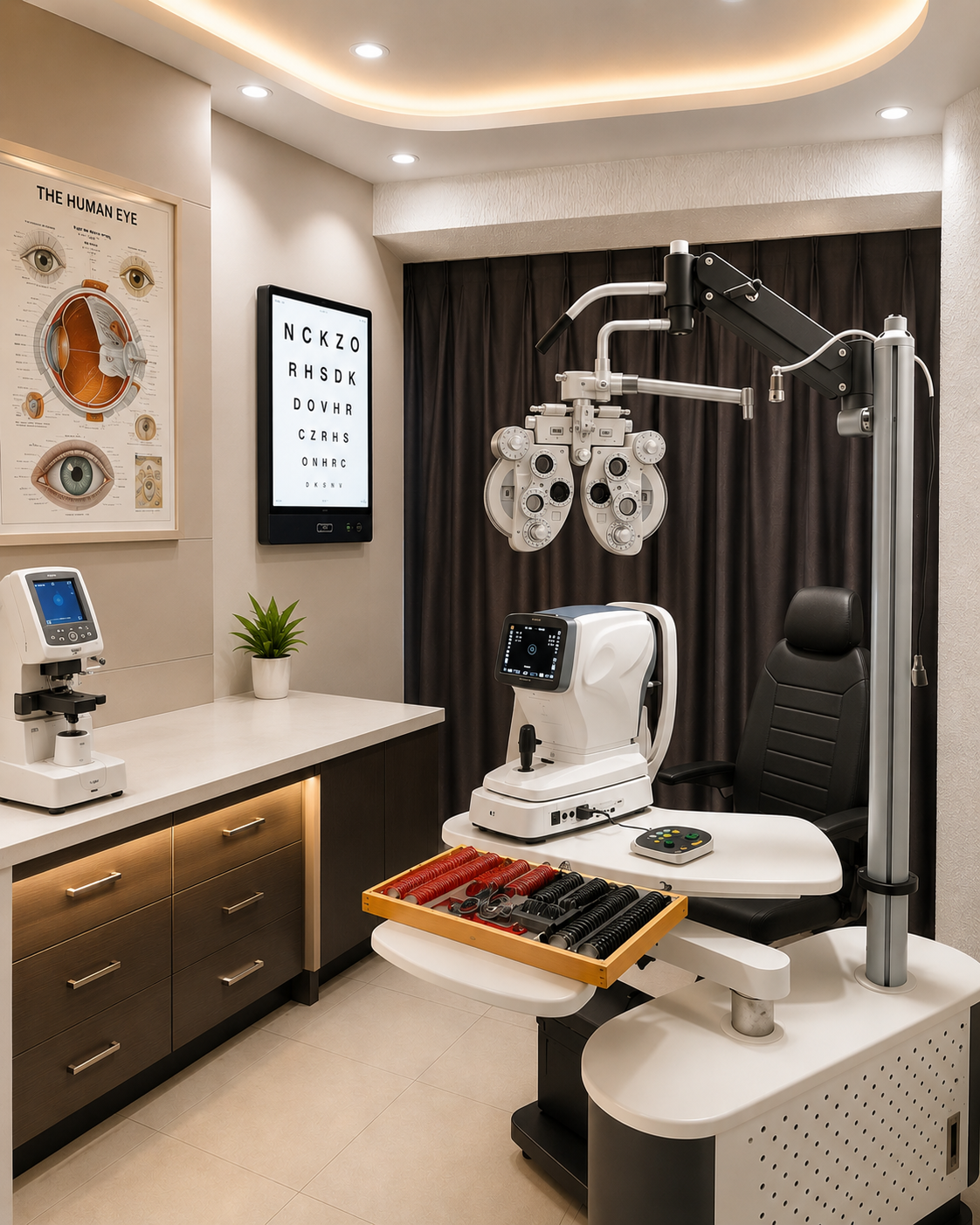 eMed Eyecare examination room with phoropter, autorefractor and exam chair