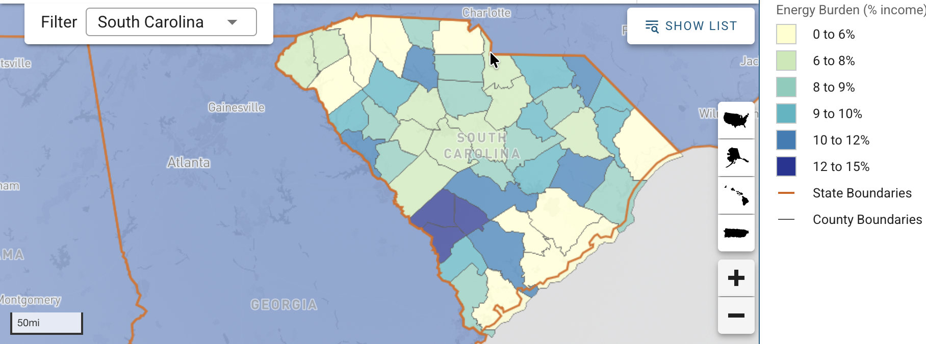 State of South Carolina energy burden map