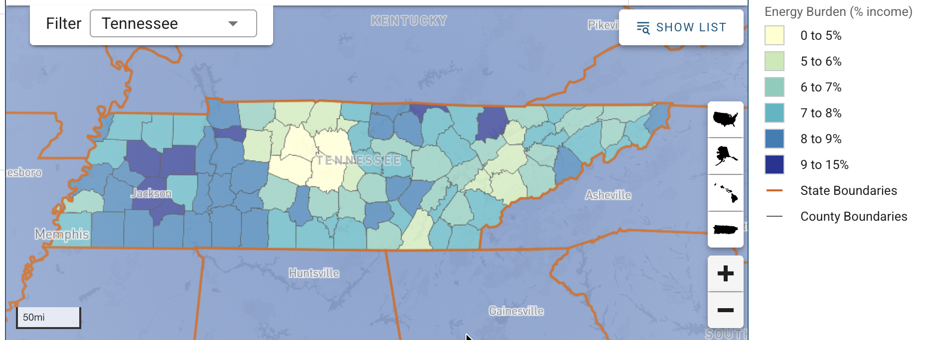 State of Tennessee energy burden map