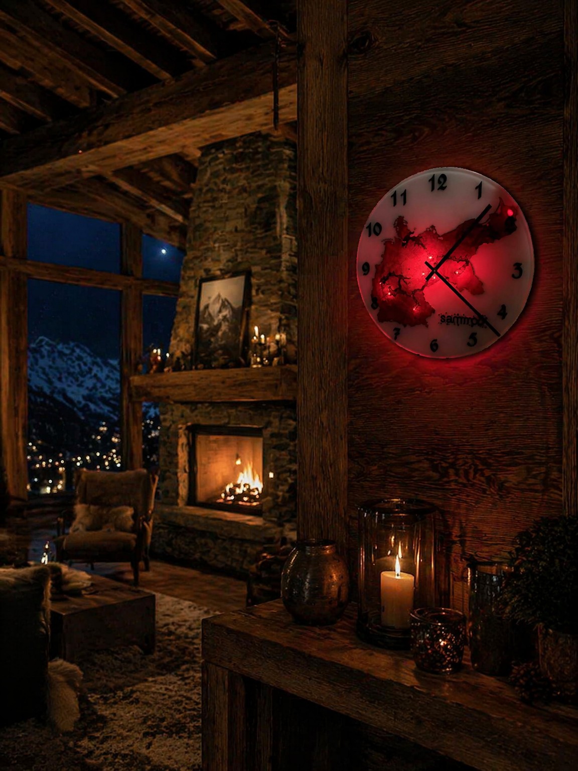 Aurora – Wanduhr mit Holzintarsie & Dämmerungslicht (Ø 50 cm)