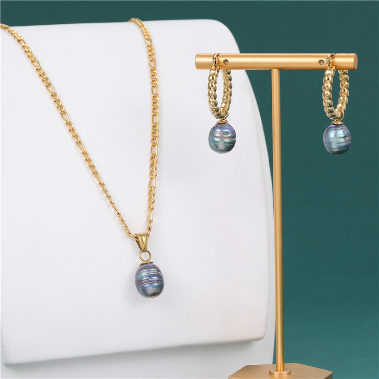 Hawaii Waterproof Non-fading Stainless Steel 14K Gold Natural Freshwater Pearl Necklace Earrings Set Wholesale
