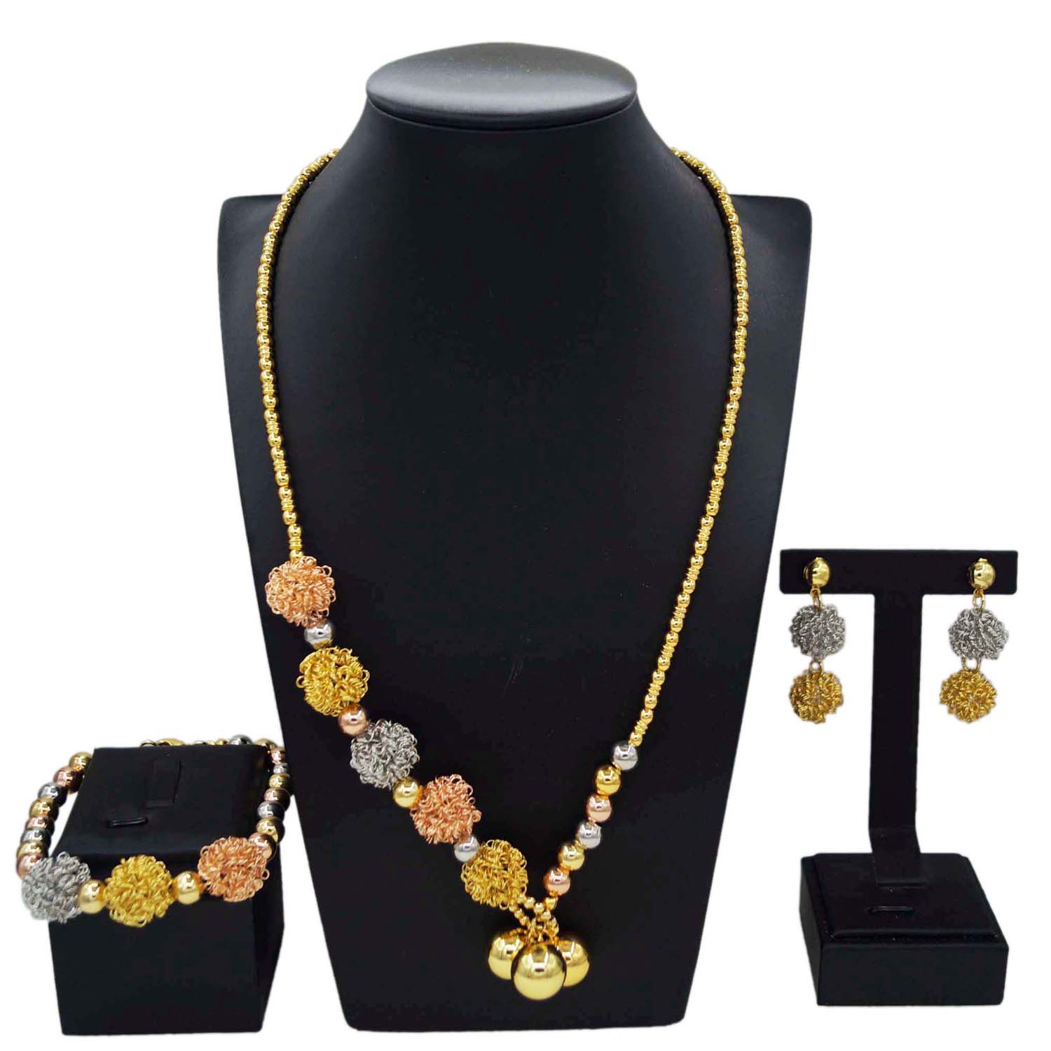 Zhuerrui Exquisite Gold Brass Jewelry Sets Three Color Bead Necklace Jewelry Set Available Woman Costume Accessories HD230919