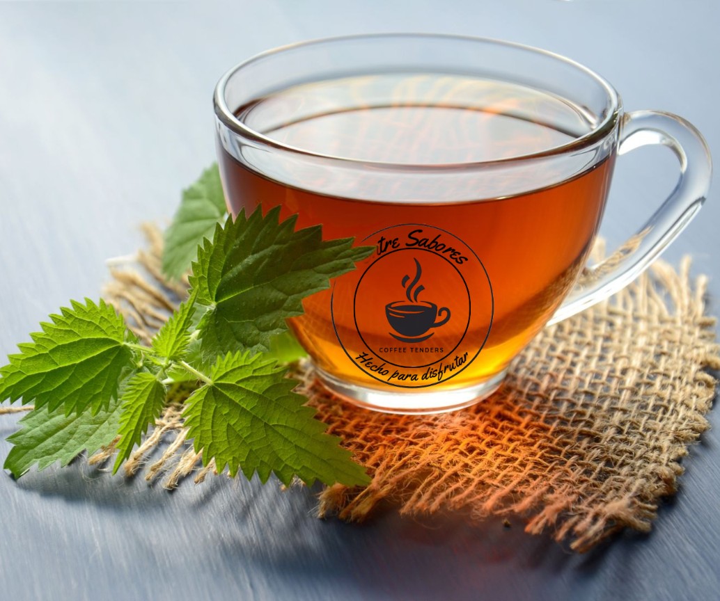 Té caliente Entre Sabores en taza de cristal con hojas frescas