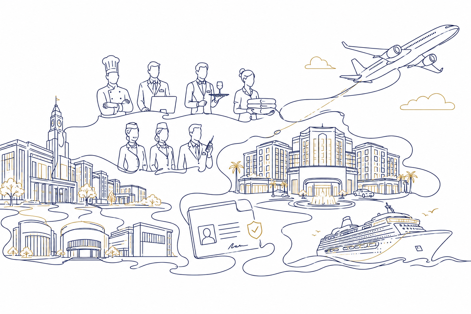 EthicCred institutions illustration showing students transitioning to professional careers in hospitality, aviation, hospitality, and beyond.