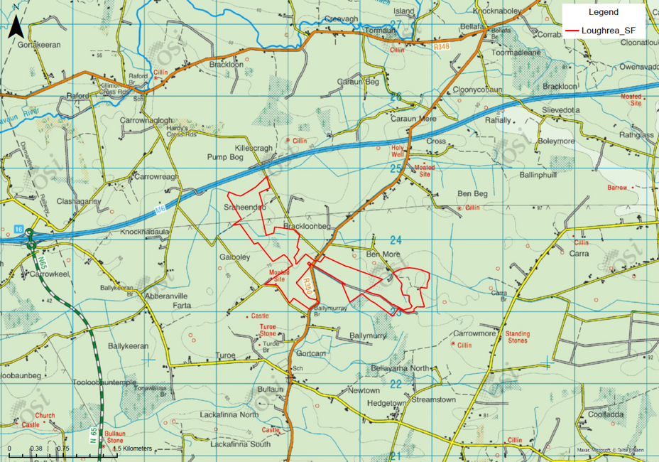 Ordnance Survey Ireland map showing the Loughrea Solar Farm site boundary outlined in red, in the townlands of Sraheendoo, Brackloonbeg, Galboley and Ben More — 6.5 km north of Loughrea town