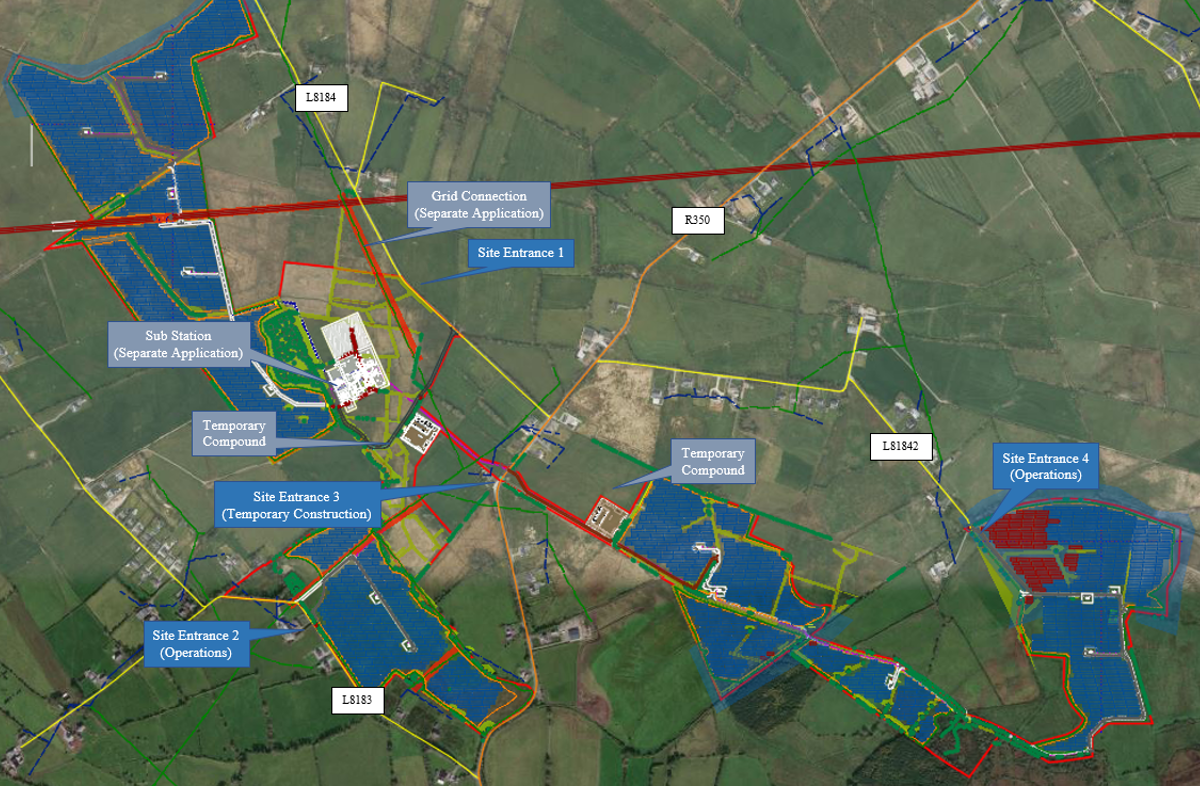 Aerial satellite map of the Loughrea Solar Farm site showing the indicative solar array layout in blue, with labelled site entrances, sub-station, temporary compounds and grid connection annotations