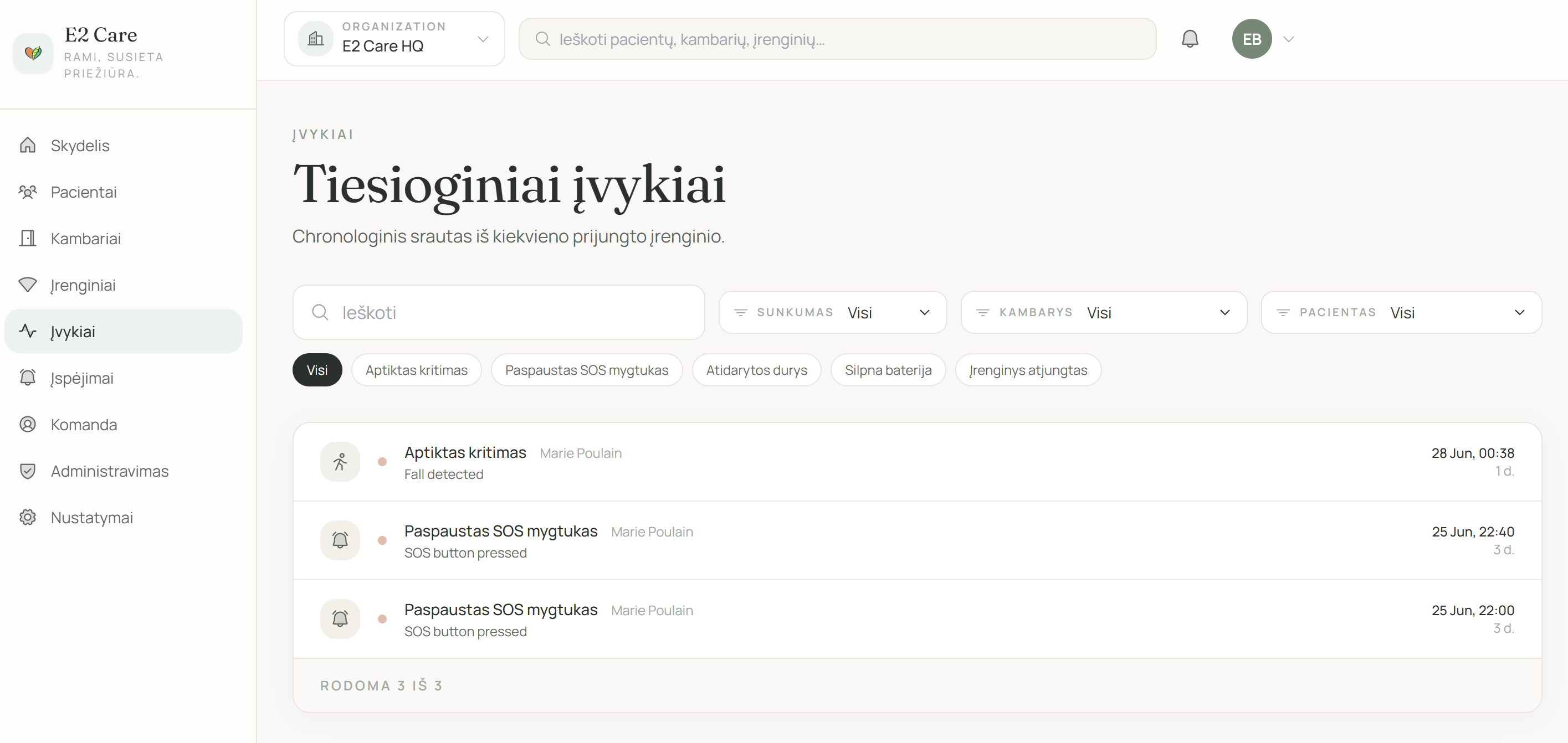 Eldera slaugytojo programėlė, rodanti tiesioginius SOS ir kritimo aptikimo įvykius