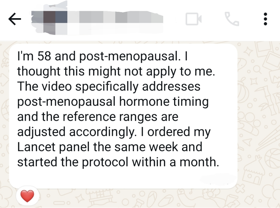 Client testimonial about post-menopausal hormone timing