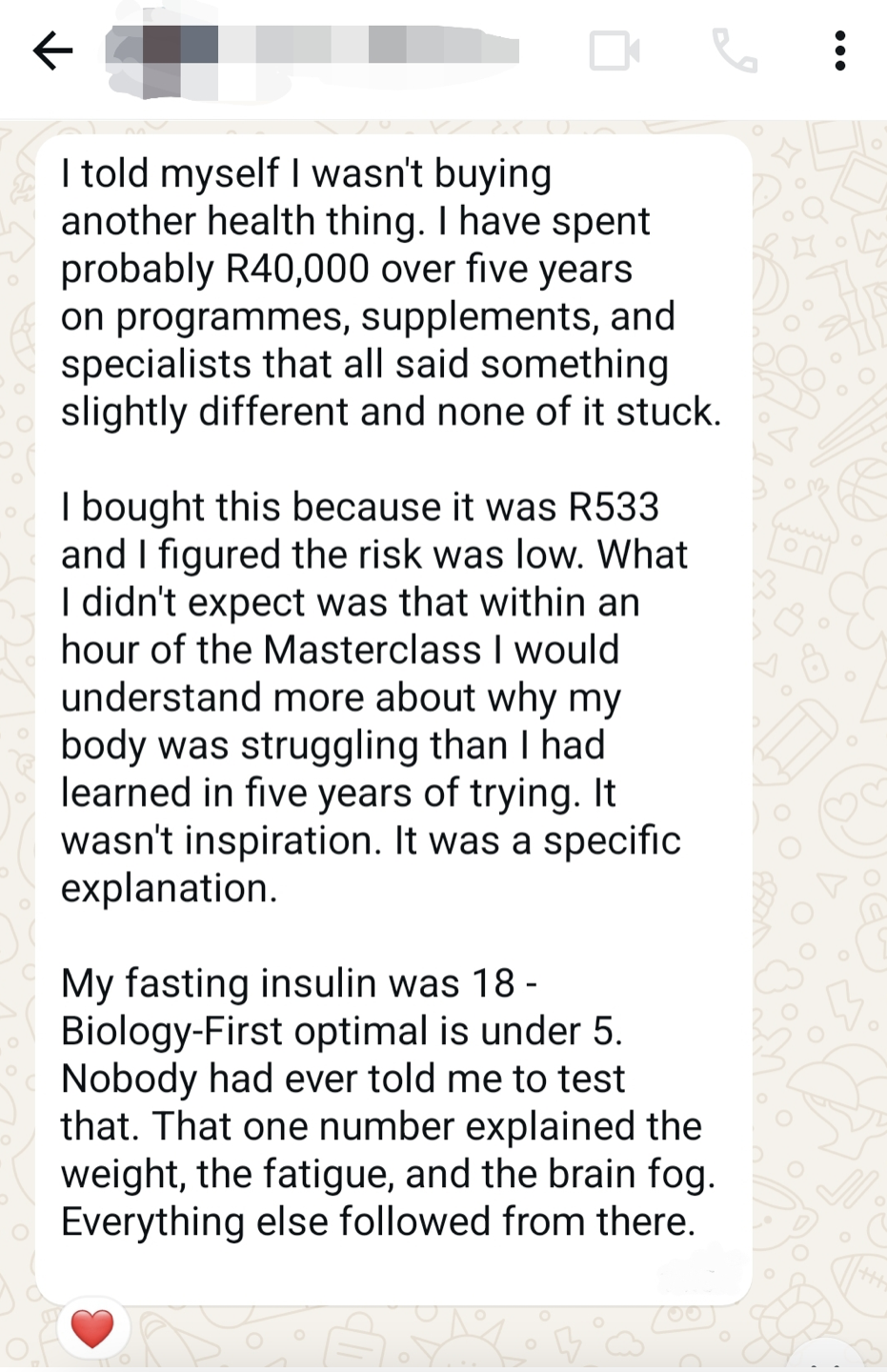 Client testimonial about fasting insulin discovery after spending R40,000