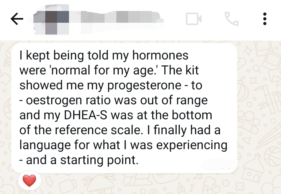Client testimonial about progesterone-to-oestrogen ratio and DHEA-S