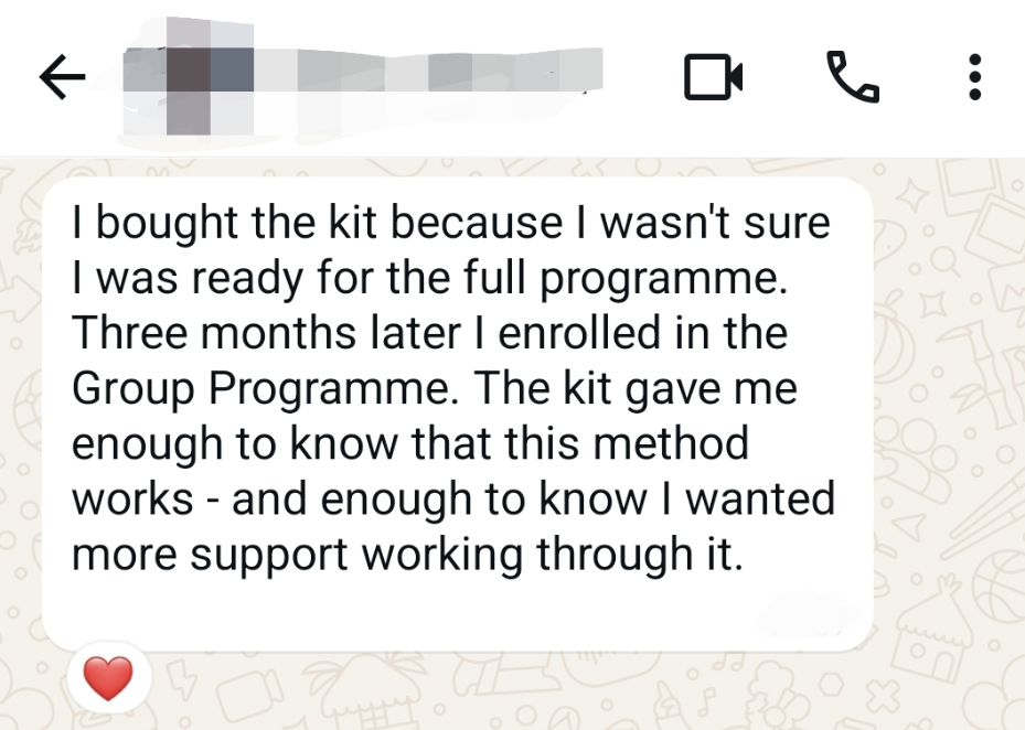 Client testimonial about upgrading from kit to group programme