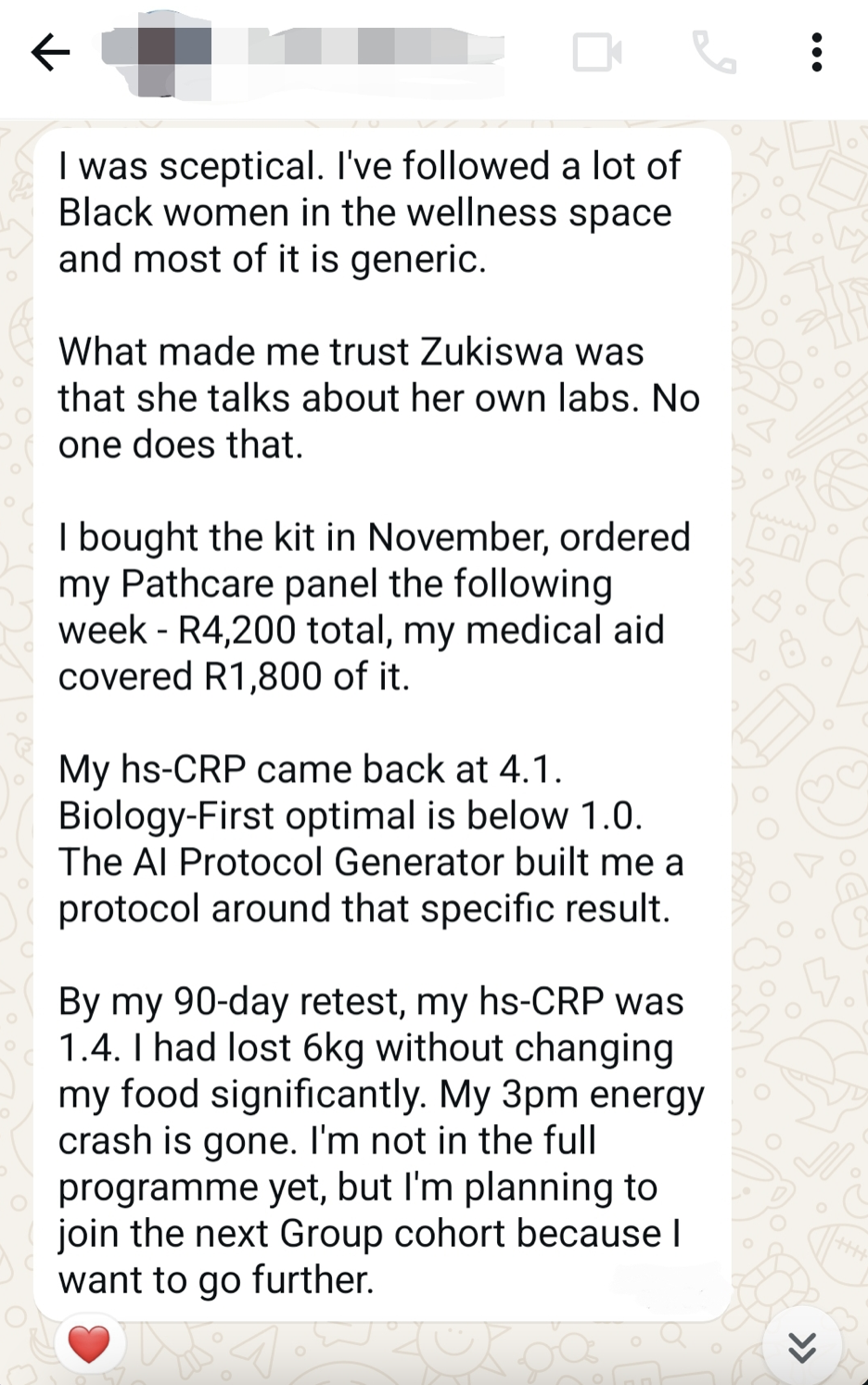 Client testimonial about hs-CRP results and joining the Group cohort