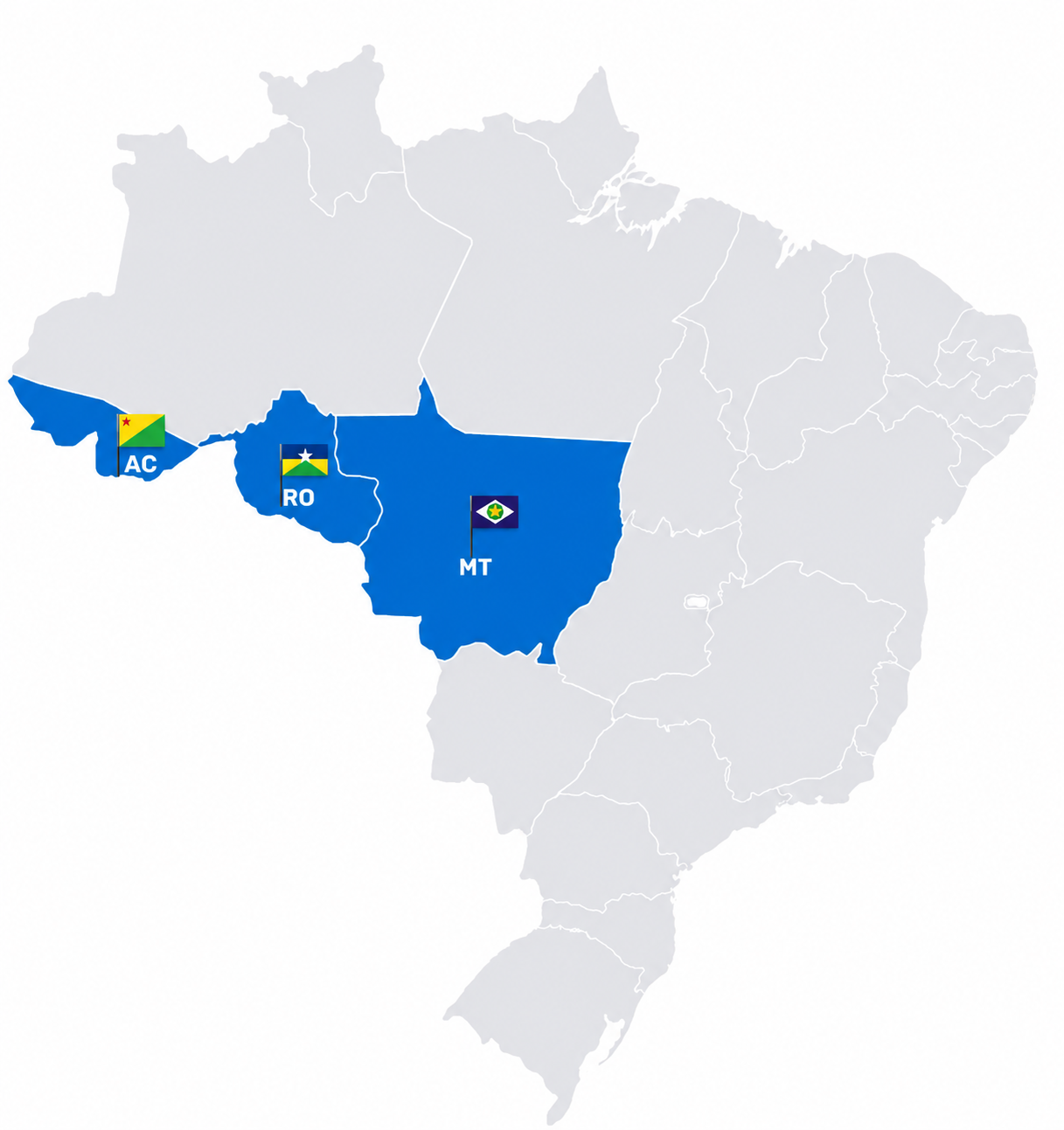 Mapa do Brasil destacando Acre, Rondônia e Mato Grosso