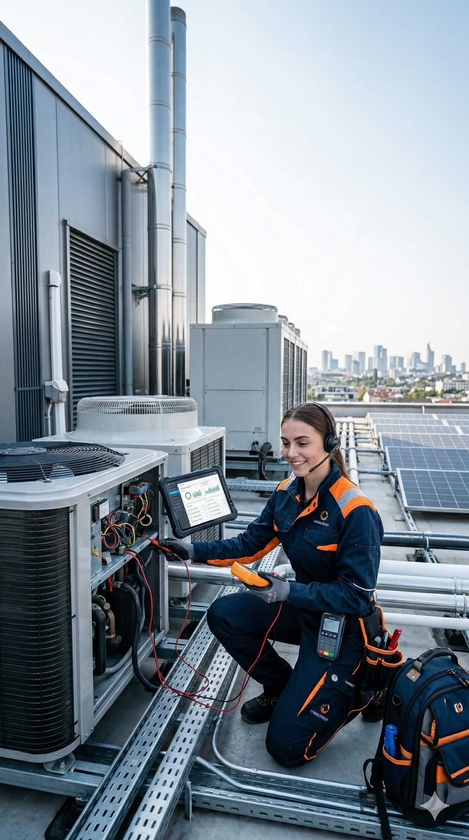 Field service workers reviewing job details on a tablet beside a service van
