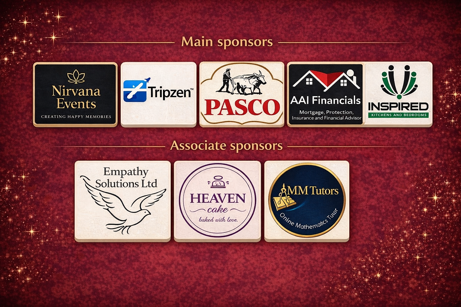 Main Sponsors: Nirvana Events, TripZen, PASCO, AAI Financials, INSPIRED Kitchens. Associate Sponsors: Empathy Solutions, Heaven Cake, MM Tutors