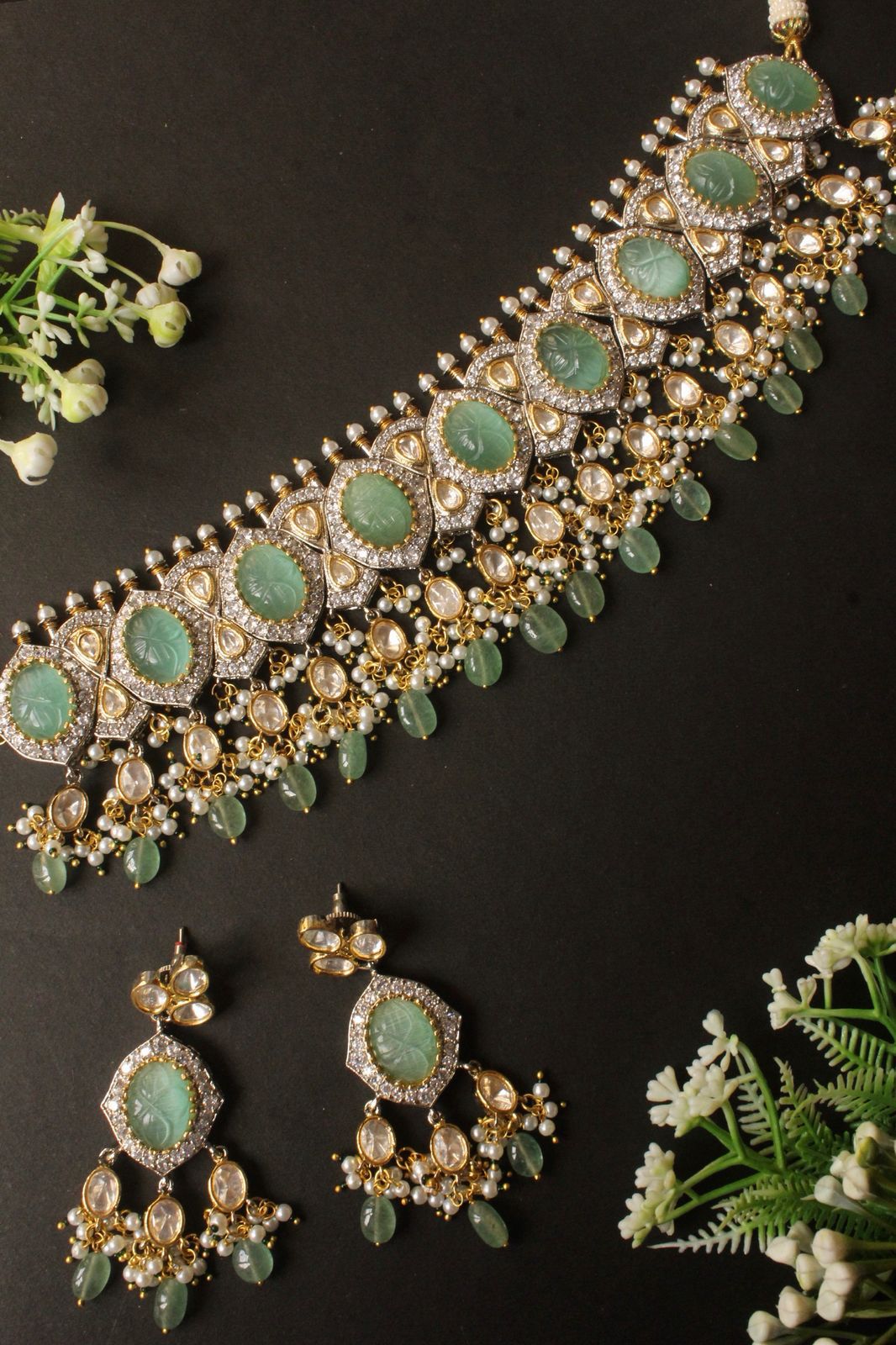 Stunning Polki with Mint Green Stone Choker Style Set - DBS-BS003