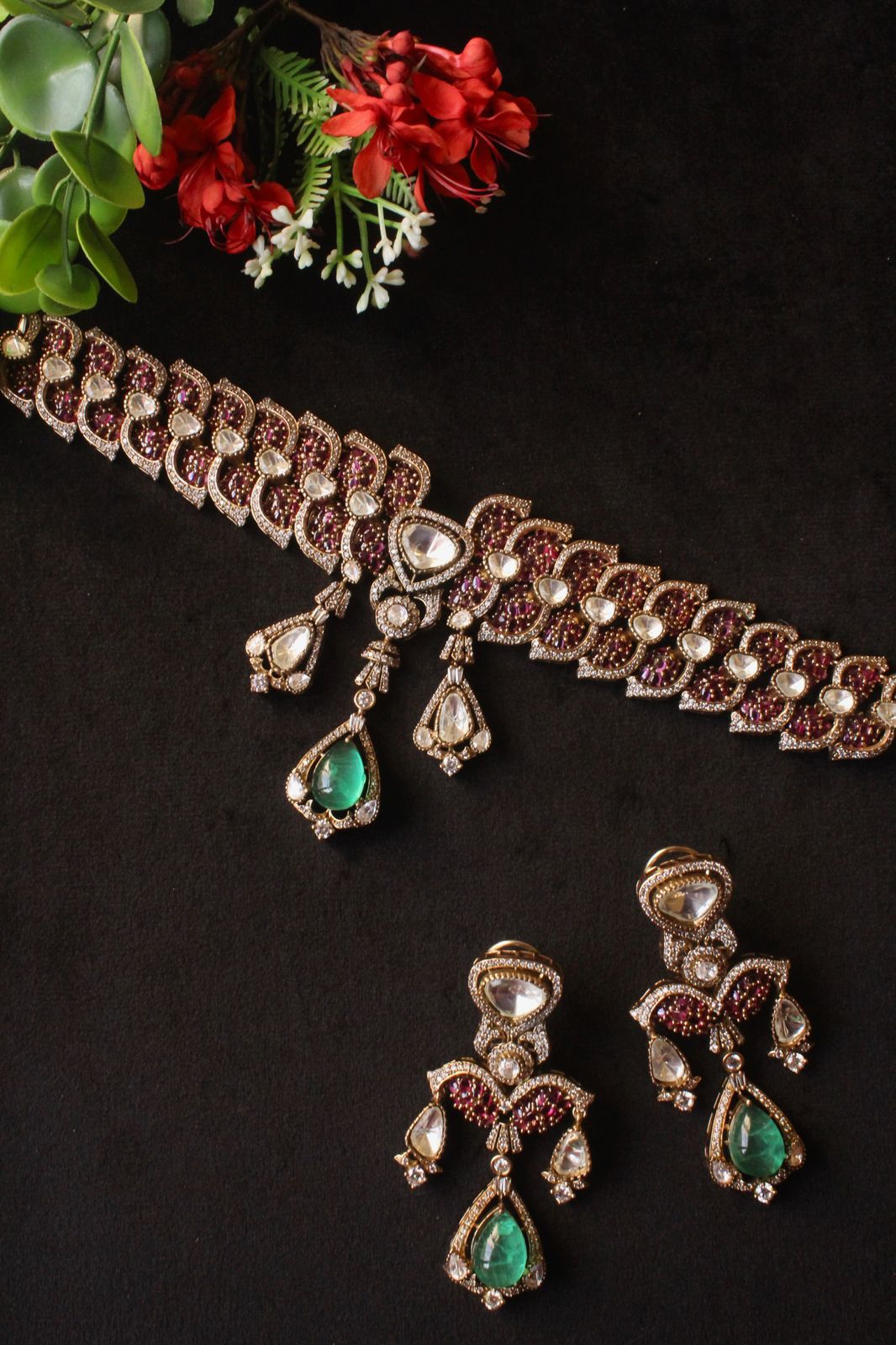 Stunning Rubies and Polki Set Styled Like a Choker with Emerald Drop - DBS-BS004