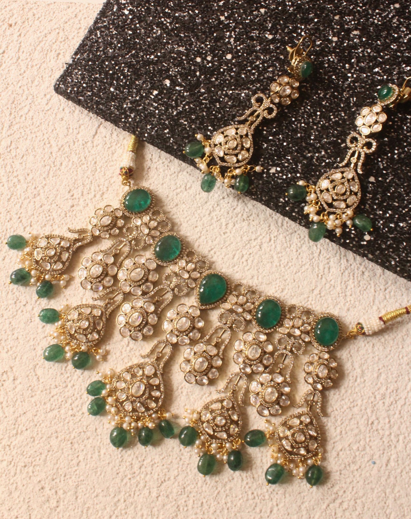 Elegant Polki with Emerald Drops Bridal Set - DBS-BS008