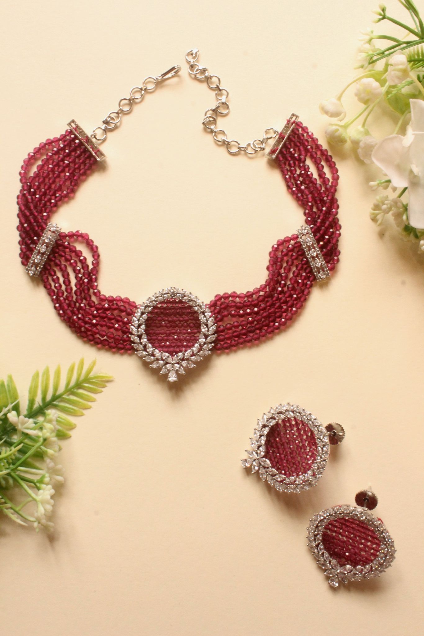 Classy Ruby Beads with Diamond Pendant Choker Set - DBS-ST006