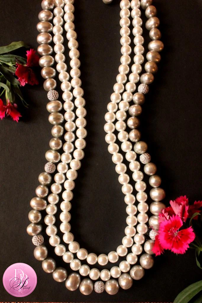 Pearl 3 Line Necklace with Grey Line - DBS-NK008