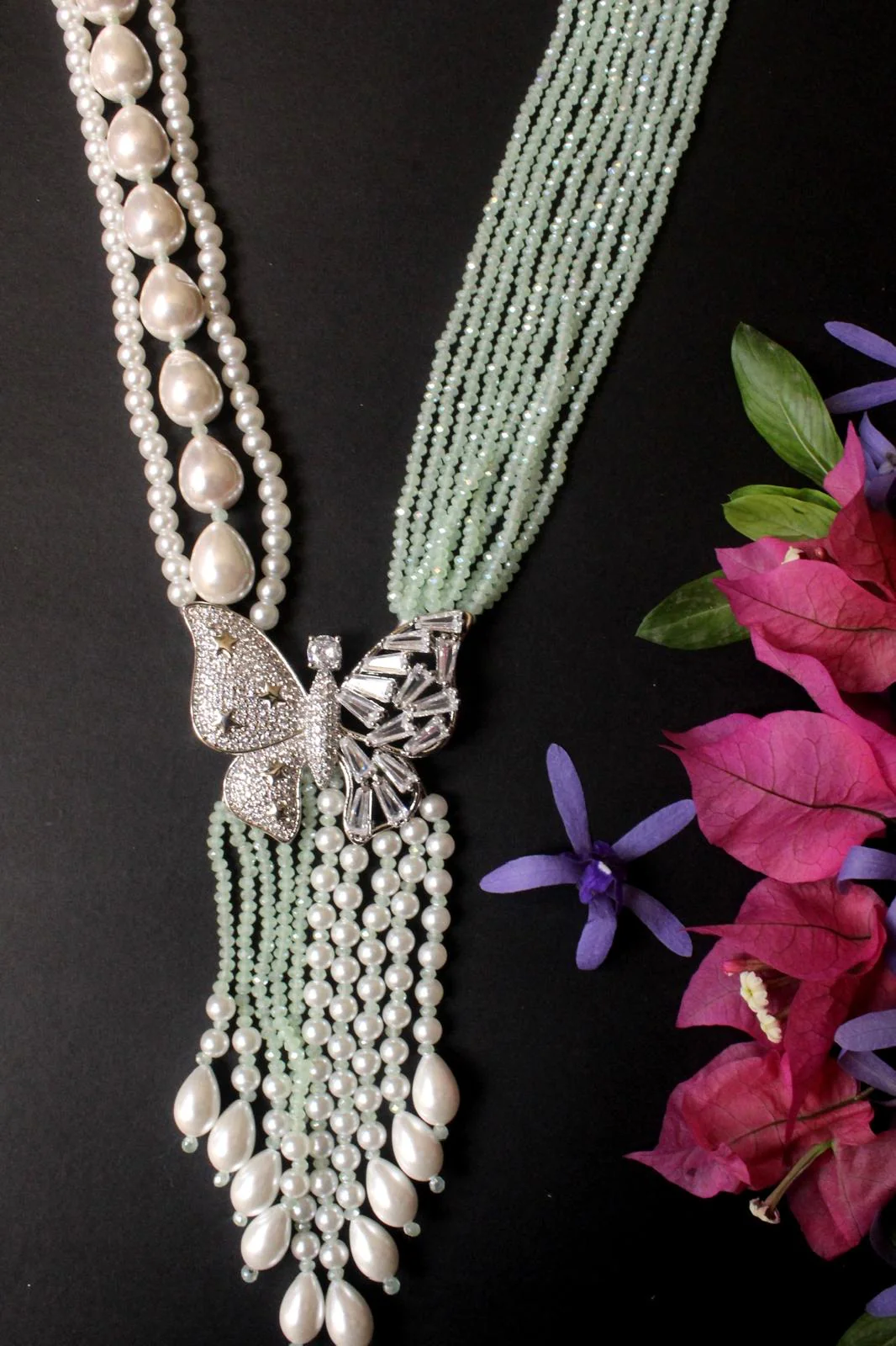 Butterfly diamond pendant with pearls and mint beads