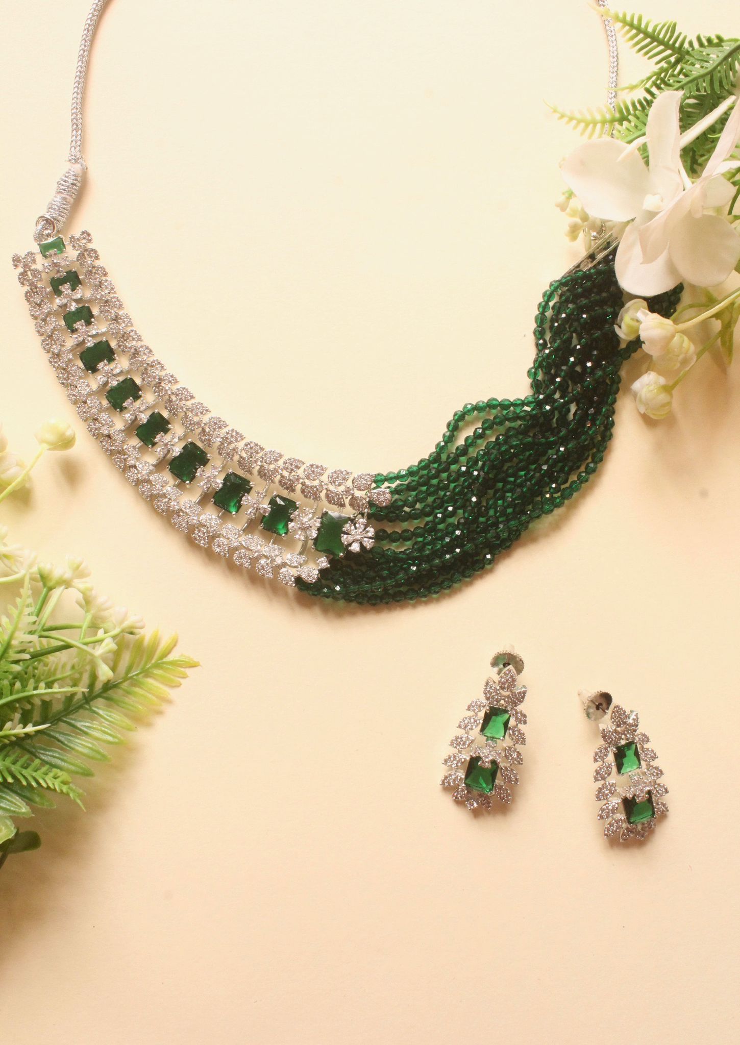 Emerald Green Beads with Diamonds Choker Set - DBS-ST005