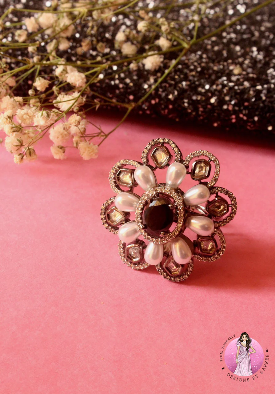 Dark Grey Stone with Pearls and Diamond Ring - DBS-RG008