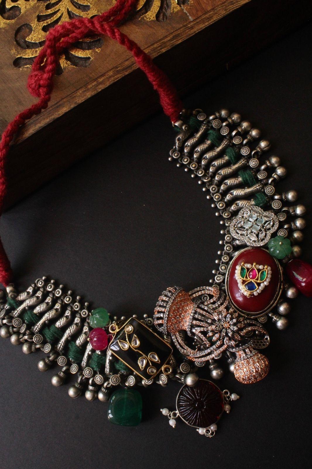 Exclusive Oxidised Necklace with Beautiful Brown and Black Stones - DBS-NK007