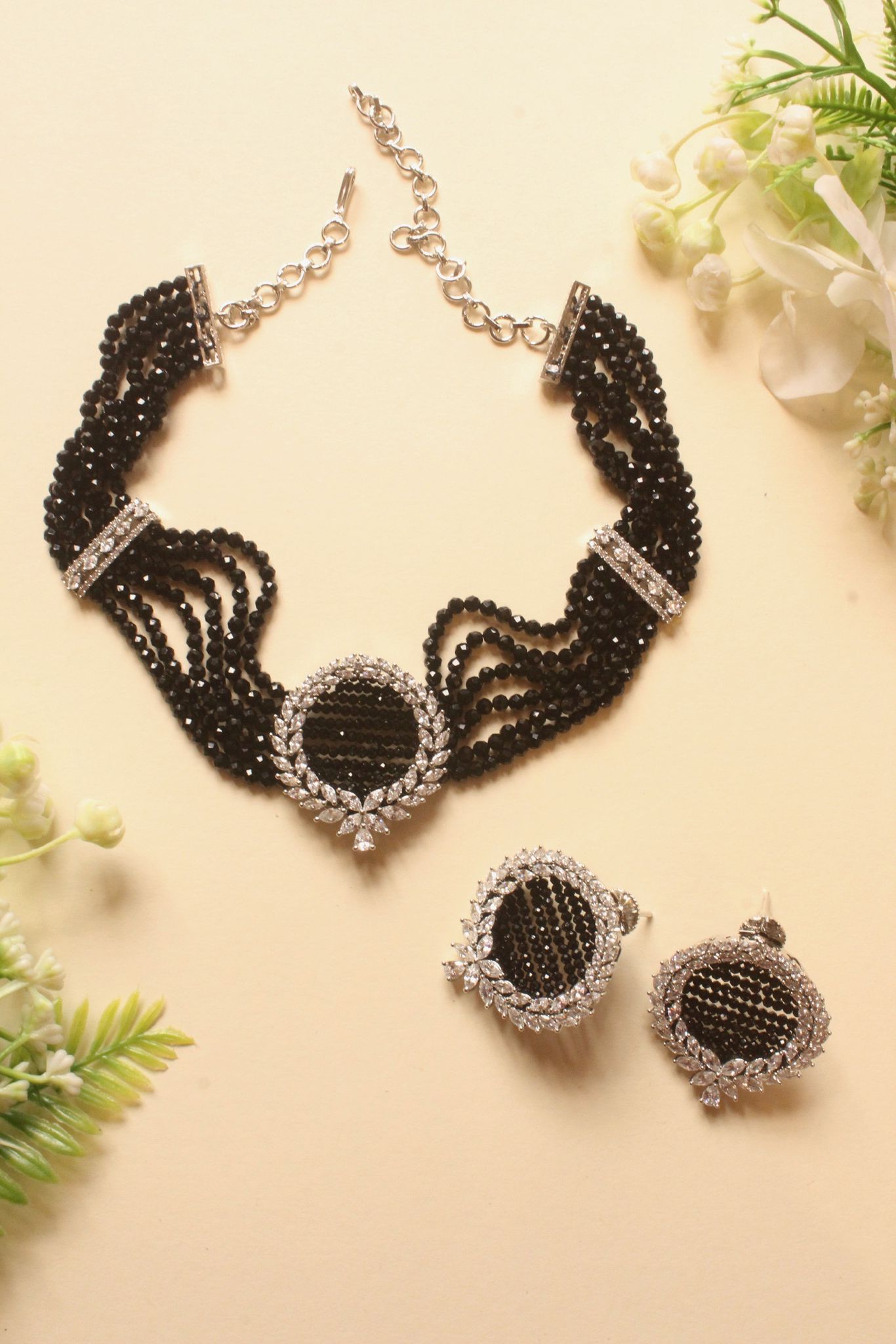 Classy Black Beads with Diamond Pendant Choker Set - DBS-ST007