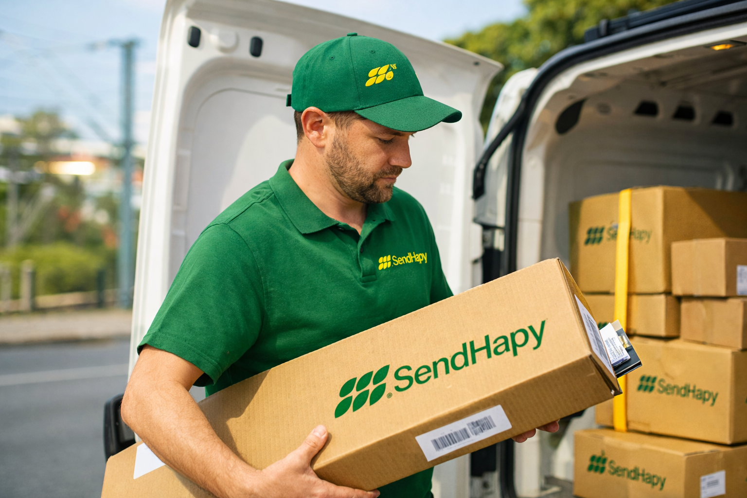 Equipo profesional SendHapy entregando paquetes