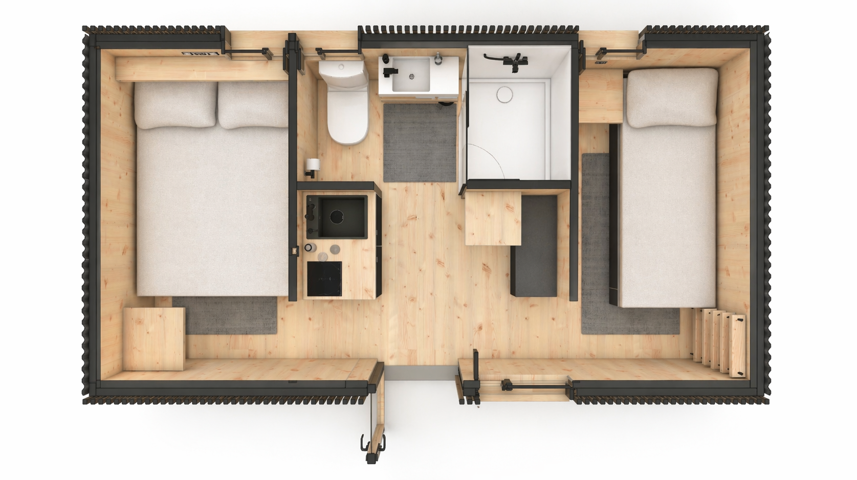 Plan vu de dessus du YONO TWIN — deux chambres, salle d'eau, kitchenette