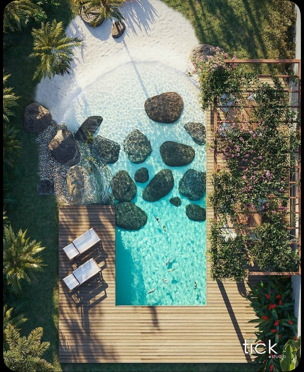 Luxury pool with rock landscape, aerial view