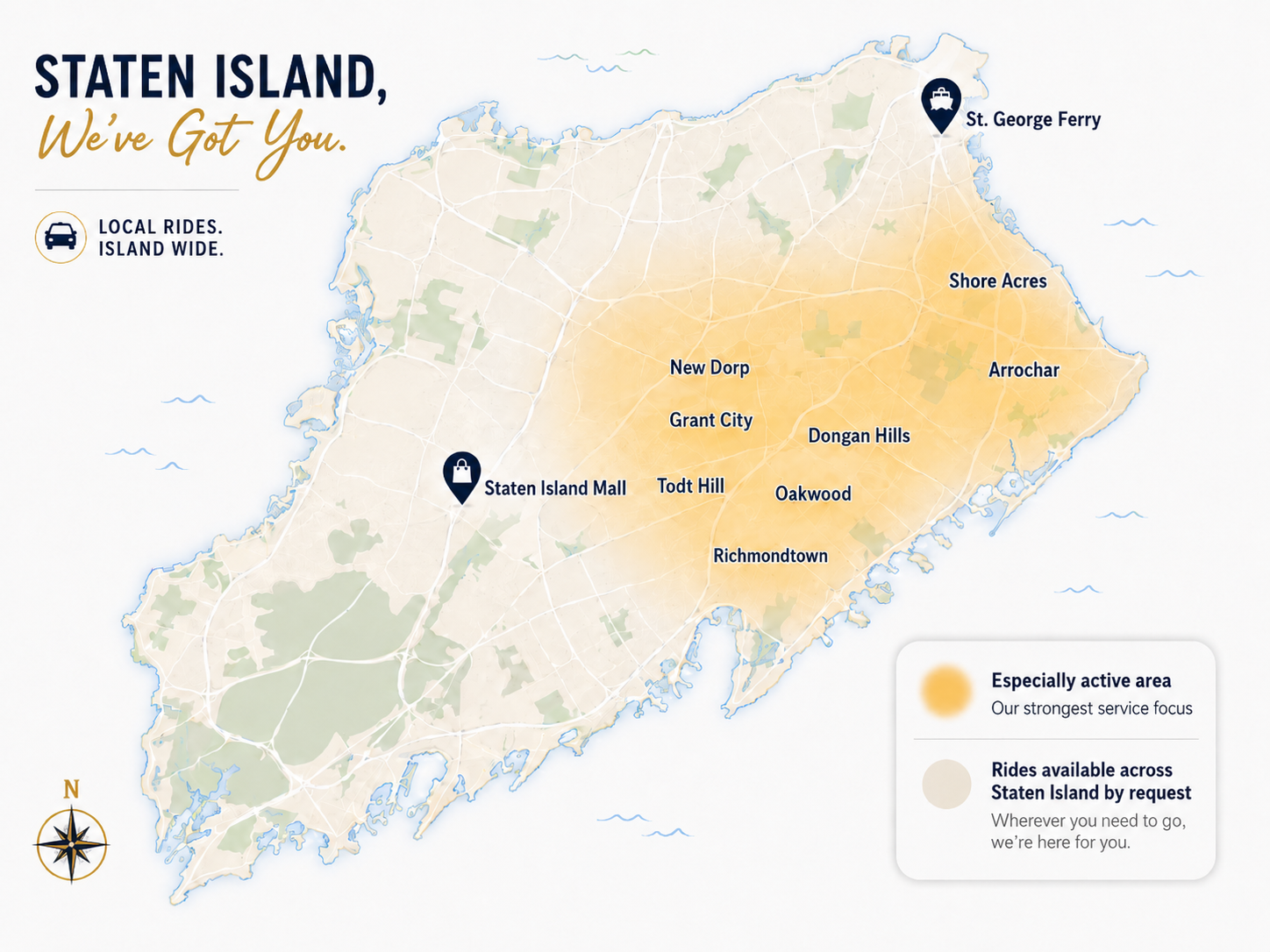 Island Ride service area map showing especially active coverage around central and eastern Staten Island neighborhoods including New Dorp, Grant City, Dongan Hills, Oakwood, and Richmondtown