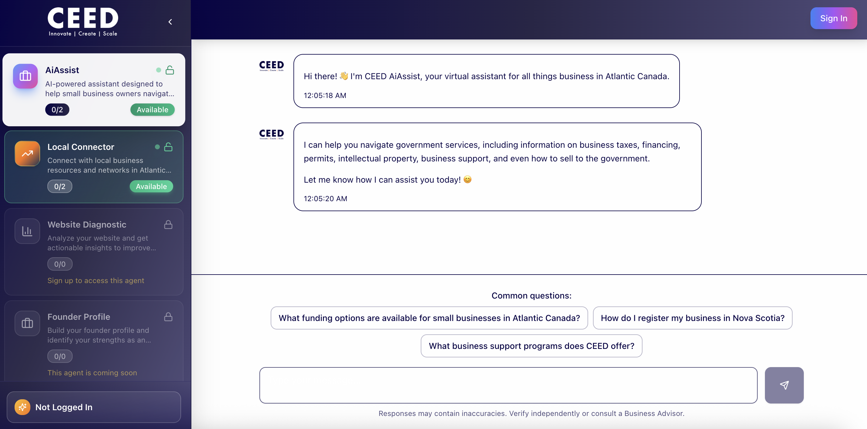 AiAssist chat interface showing government services navigation and business financing guidance