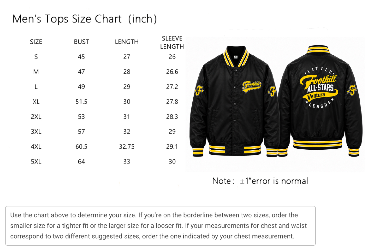 Men's tops size chart in inches