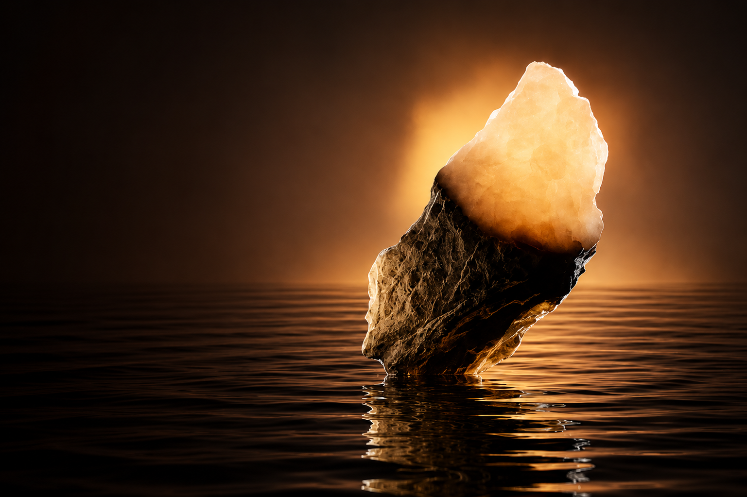 A monolith rising from still waters, lit gold