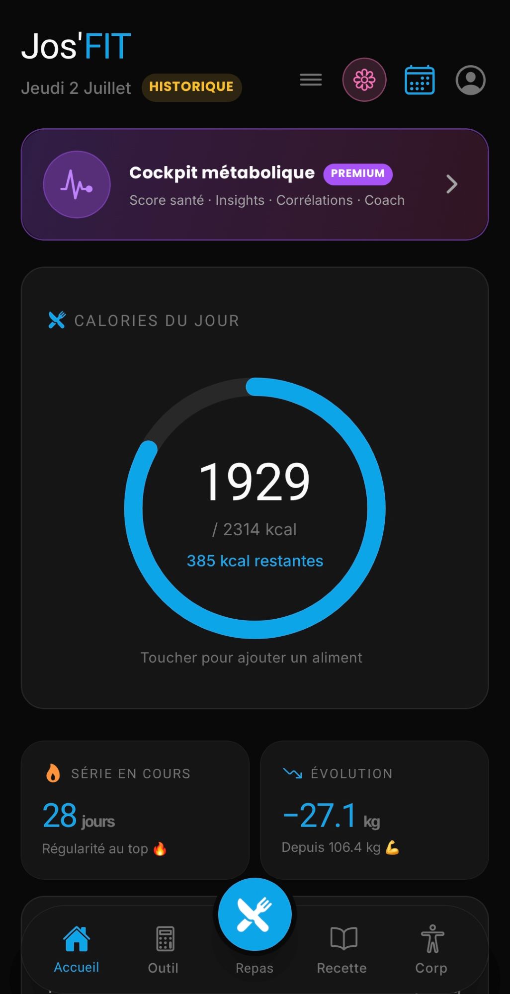 Écran d'accueil Jos'FIT
