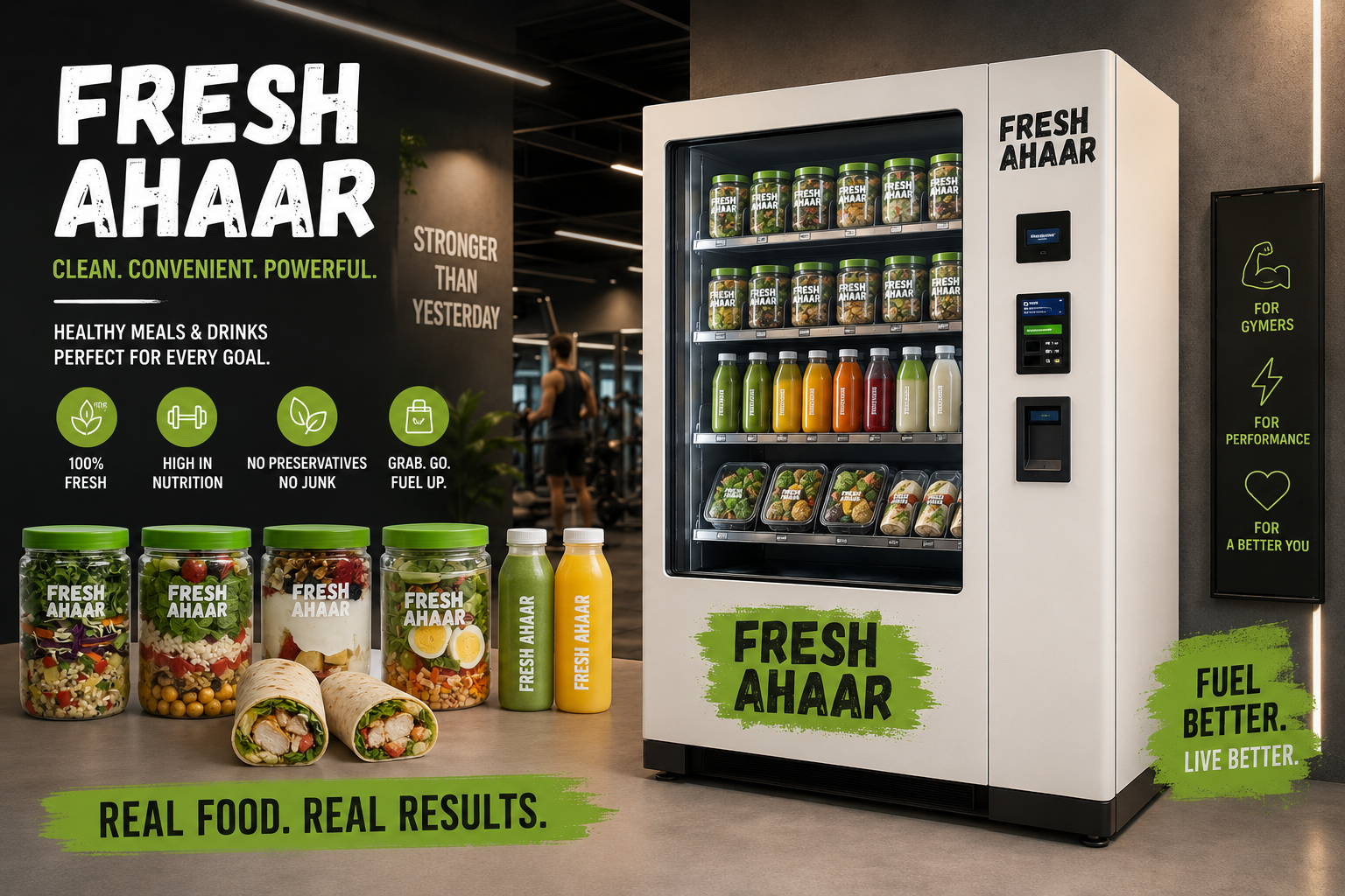 Fresh Ahaar vending machine with salad jars, juices and wraps